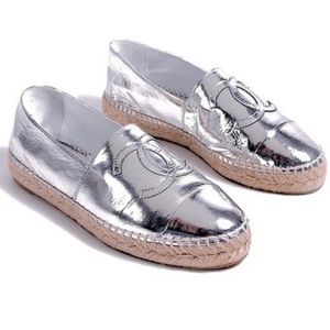 Chanel Silver Leather CC Logo Espadrille